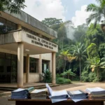Fachada do TCE-RO em Porto Velho com documentos fiscais, alerta sobre crise econômica.