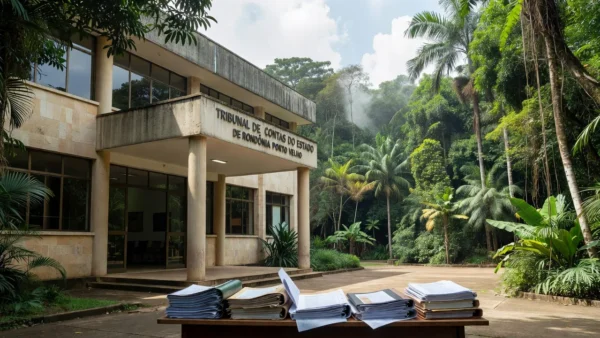 Fachada do TCE-RO em Porto Velho com documentos fiscais, alerta sobre crise econômica.