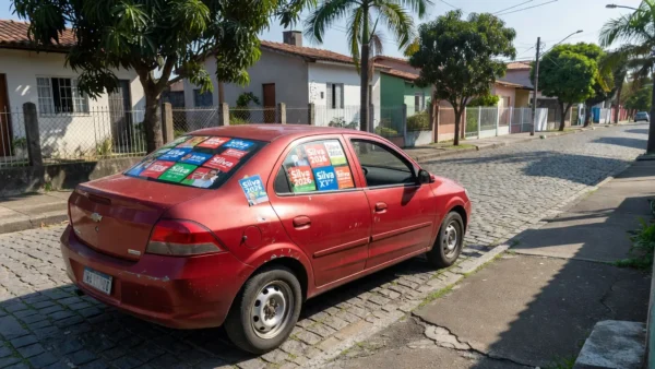 Carro com adesivos de campanha eleitoral 2026 em rua brasileira