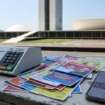 Urna eletrônica e materiais de campanha com smartphone mostrando notícias no Brasil