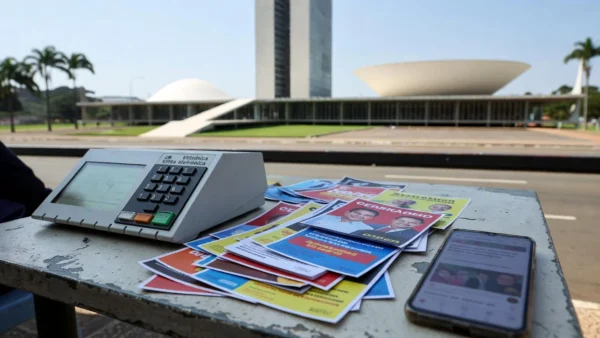Urna eletrônica e materiais de campanha com smartphone mostrando notícias no Brasil