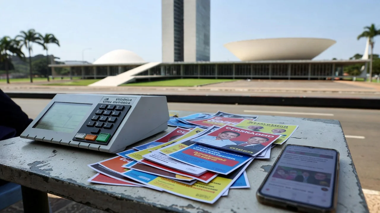 Urna eletrônica e materiais de campanha com smartphone mostrando notícias no Brasil