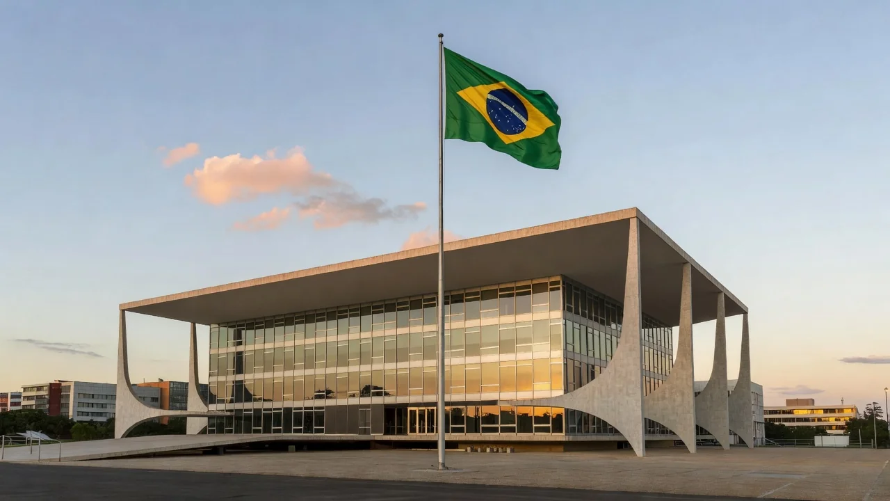 Fachada do TSE em Brasília com bandeira do Brasil