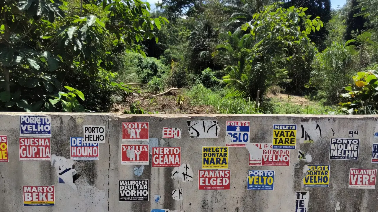 Adesivos de campanha política em parede urbana de Porto Velho