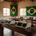Seção eleitoral com urnas em Porto Velho, Rondônia, representando pesquisa sobre candidatos ao governo