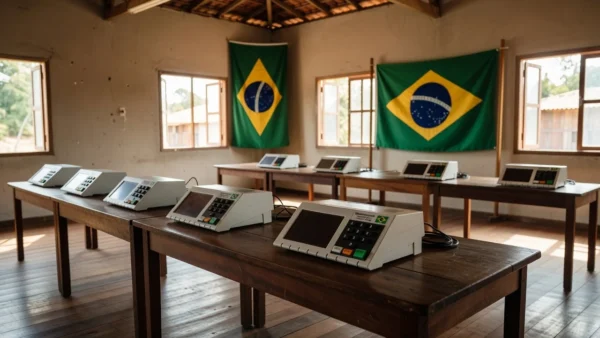 Seção eleitoral com urnas em Porto Velho, Rondônia, representando pesquisa sobre candidatos ao governo