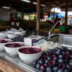 Preparação higiênica de açaí em balcão de mercado em Porto Velho