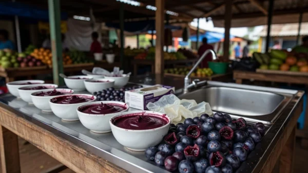 Preparação higiênica de açaí em balcão de mercado em Porto Velho