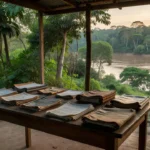 Sede modesta de campanha eleitoral em Rondônia com materiais e paisagem amazônica