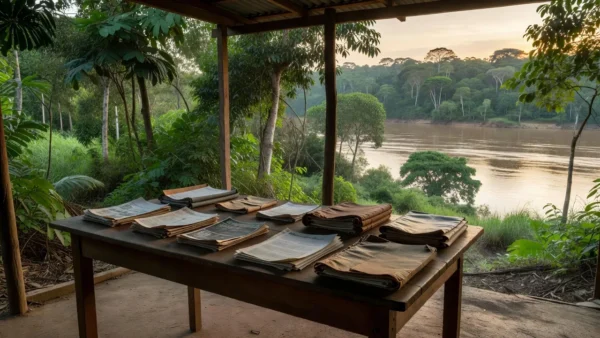 Sede modesta de campanha eleitoral em Rondônia com materiais e paisagem amazônica