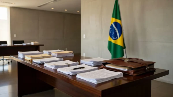 Escritório da Casa Civil com documentos e bandeira do Brasil