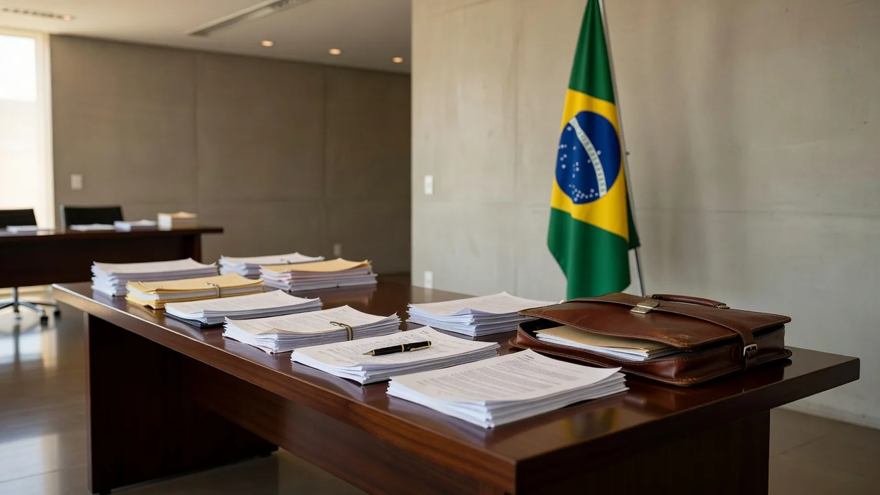 Escritório da Casa Civil com documentos e bandeira do Brasil