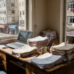 Escritório de pequena empresa brasileira com laptop e documentos fiscais NFS-e