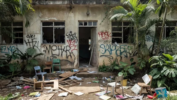 Creche vandalizada em Porto Velho com janelas quebradas e pichações