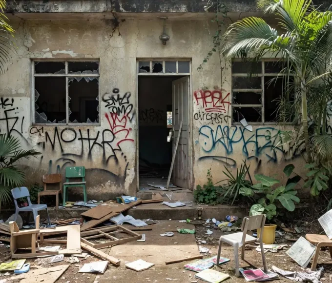 Creche vandalizada em Porto Velho com janelas quebradas e pichações