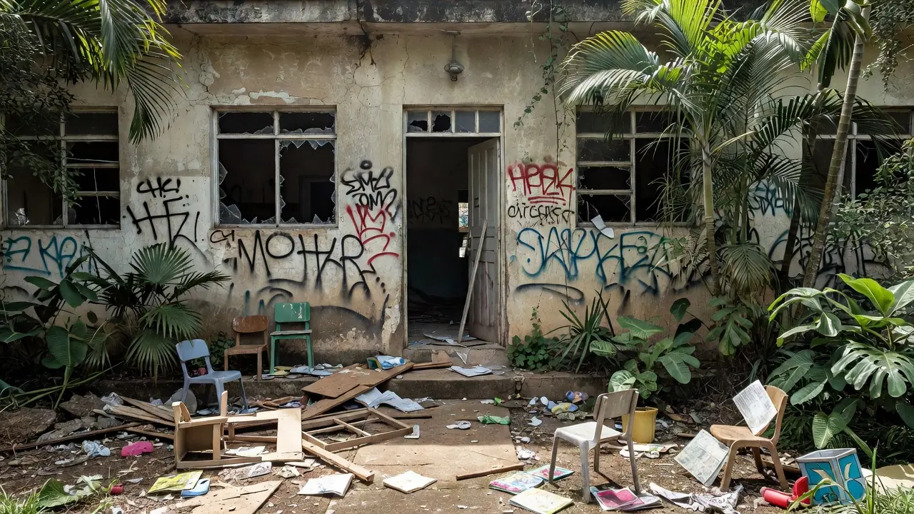 Creche vandalizada em Porto Velho com janelas quebradas e pichações