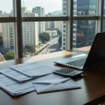 Mesa de escritório com laptop e documentos de salário representando pesquisa sobre preferência por aumento salarial