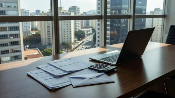 Mesa de escritório com laptop e documentos de salário representando pesquisa sobre preferência por aumento salarial