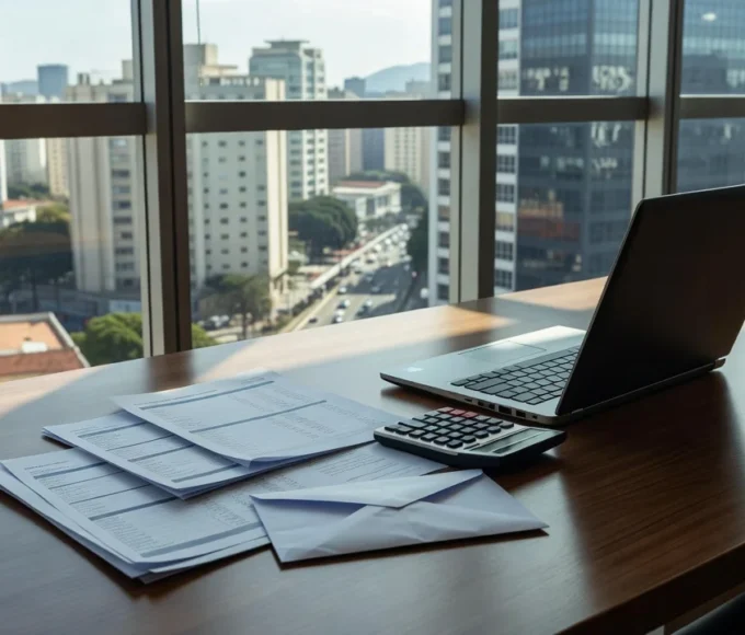 Mesa de escritório com laptop e documentos de salário representando pesquisa sobre preferência por aumento salarial