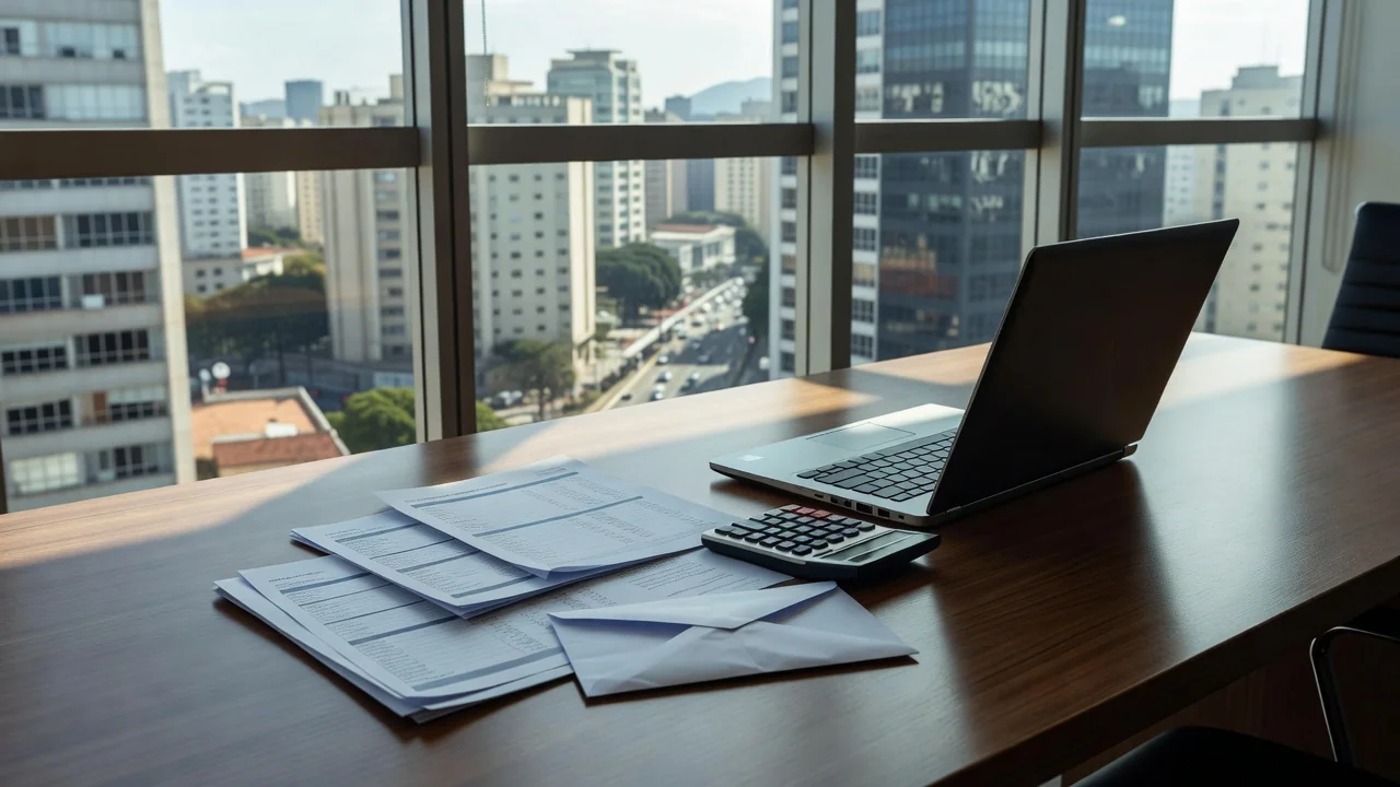 Mesa de escritório com laptop e documentos de salário representando pesquisa sobre preferência por aumento salarial