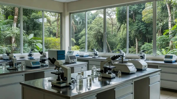 Laboratório em Porto Velho com equipamentos para diagnóstico de malária
