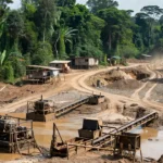 Área de garimpo em Porto Velho com equipamentos de mineração e paisagem amazônica