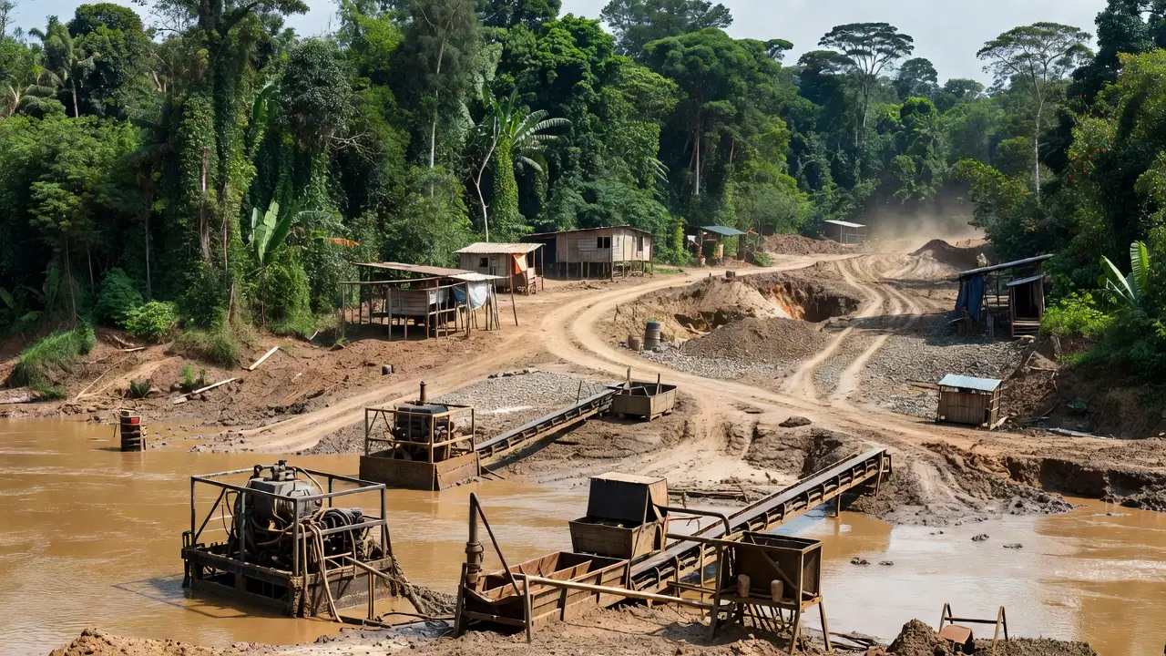 Área de garimpo em Porto Velho com equipamentos de mineração e paisagem amazônica