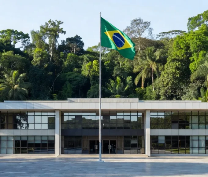 Fachada do TRE-RO em Rondônia com bandeira do Brasil sobre chapa do PSB