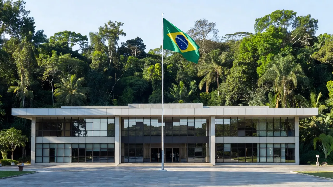 Fachada do TRE-RO em Rondônia com bandeira do Brasil sobre chapa do PSB