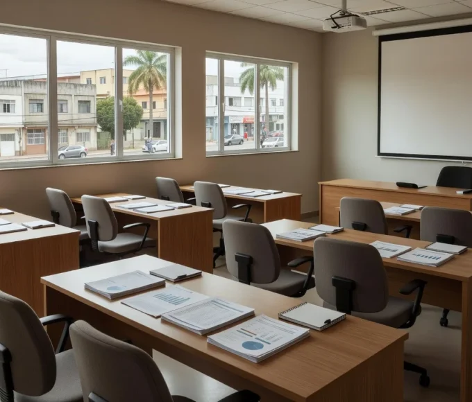 Sala de treinamento do Sebrae Vilhena com materiais de gestão financeira para cursos gratuitos