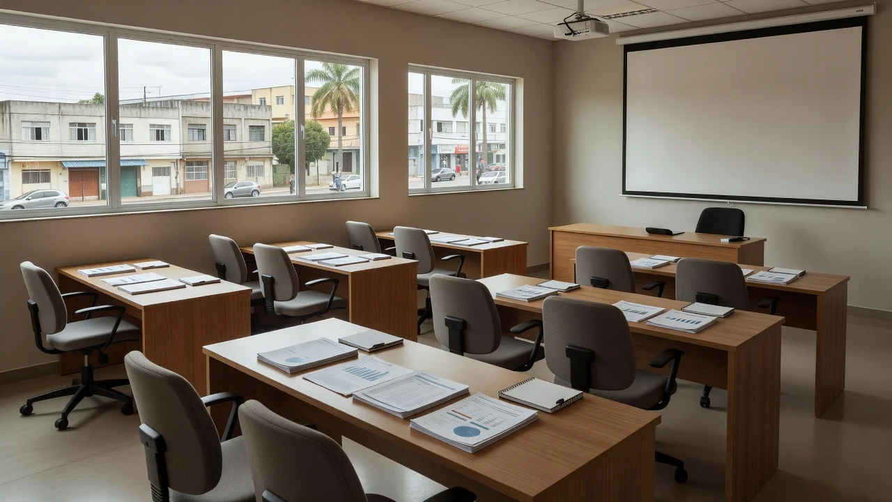 Sala de treinamento do Sebrae Vilhena com materiais de gestão financeira para cursos gratuitos